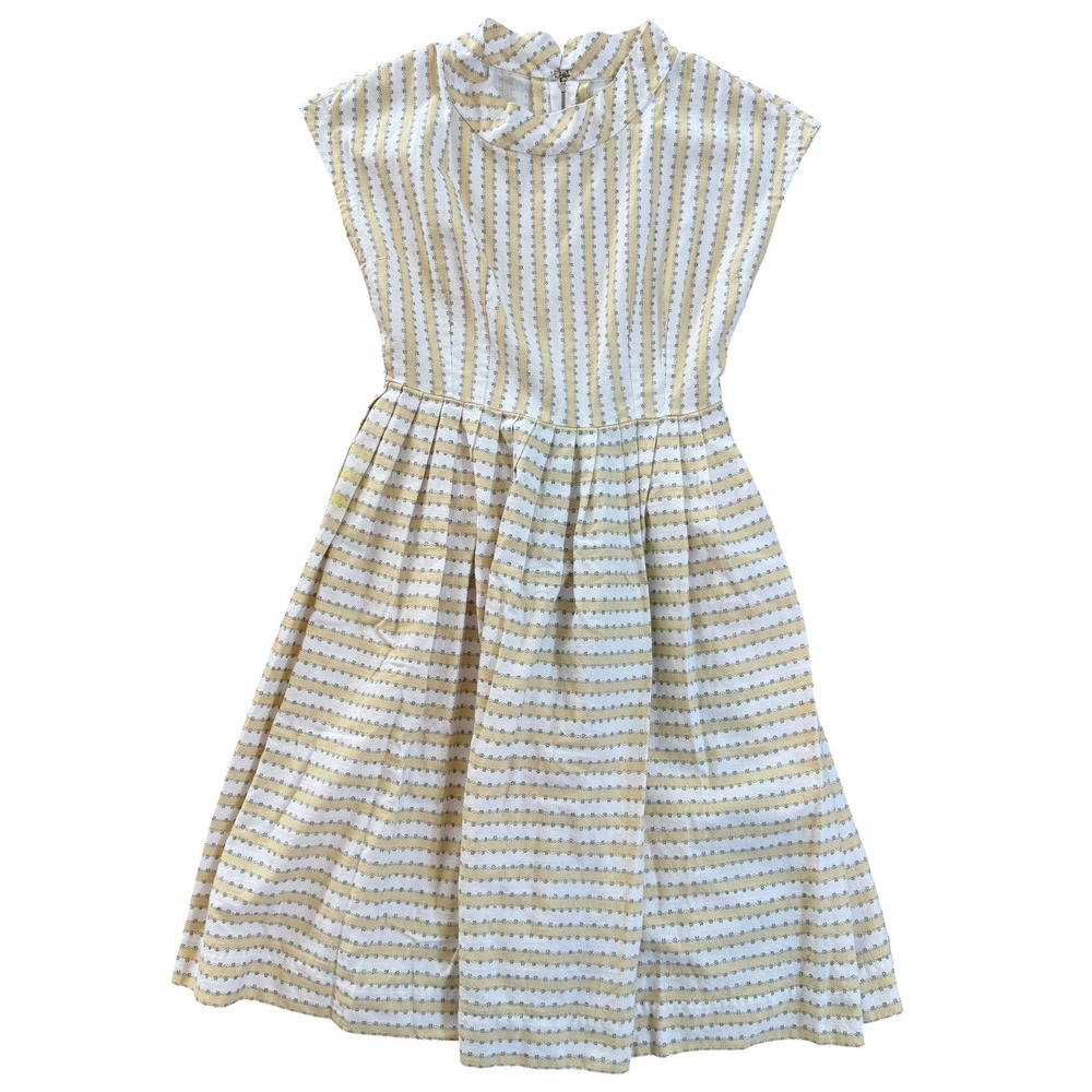 Vintage 1960s Handmade Cotton Day Dress Floral Stripe Full Skirt S Yellow White